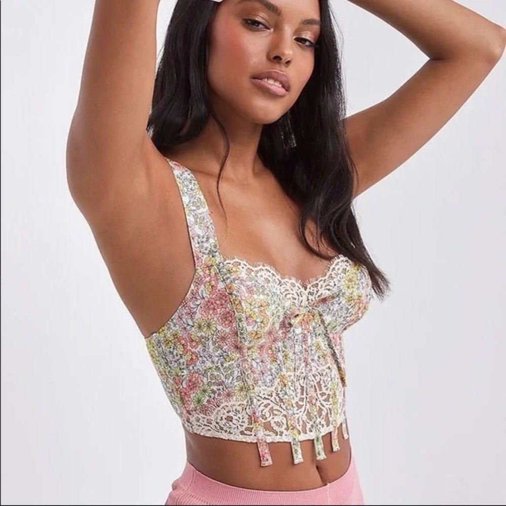 For Love And Lemons Cream Pink Embellished Bustier Crop Top